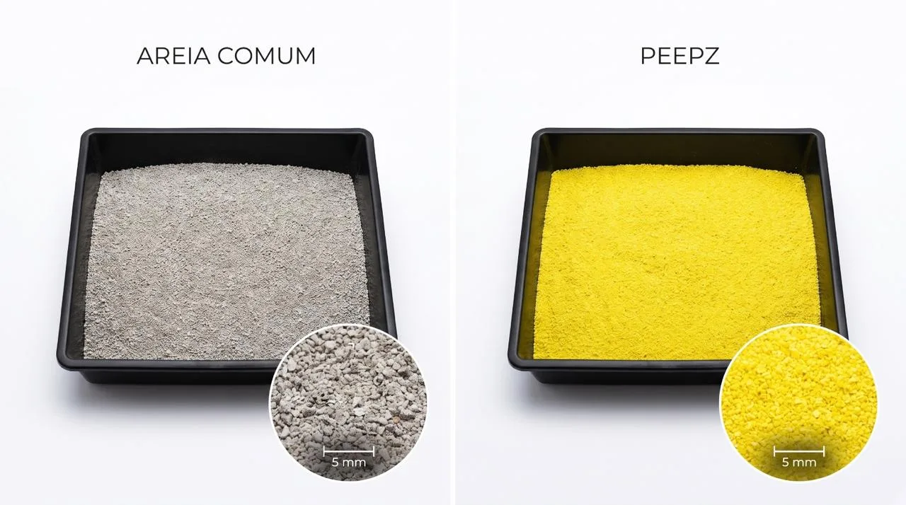 Duas caixas lado a lado: areia comum cinza e areia PEEPZ amarela, com detalhe dos grãos em escala de 5 mm