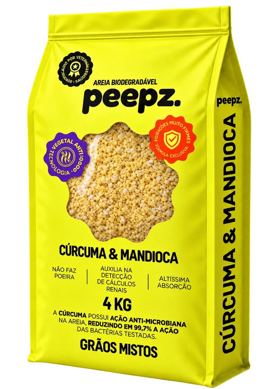 Embalagem amarela da PEEPZ Cúrcuma & Mandioca, 4 kg, grãos mistos